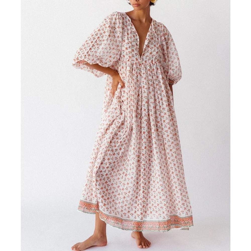 Daughters of India Kyra Maxi Dress Women Medium Cotton Coral Floral Block Print